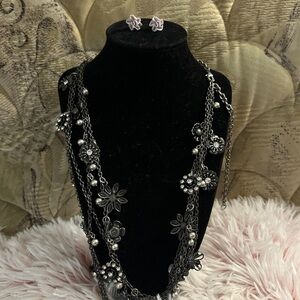 Floral Multi-Strand Silver Necklace + Purple Flower Earrings